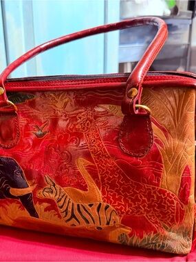 Hand-Painted Red Leather Shoulder Bag with Safari Motif
